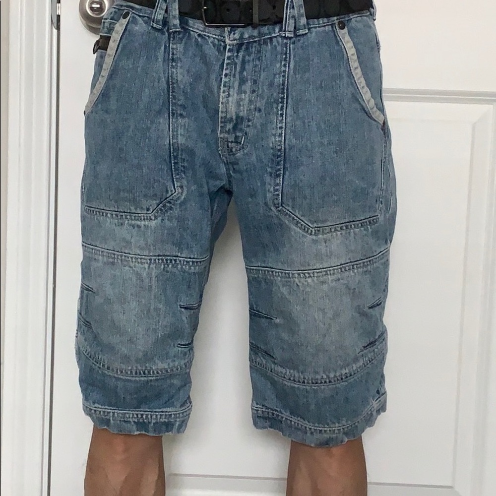 Long denim shorts.